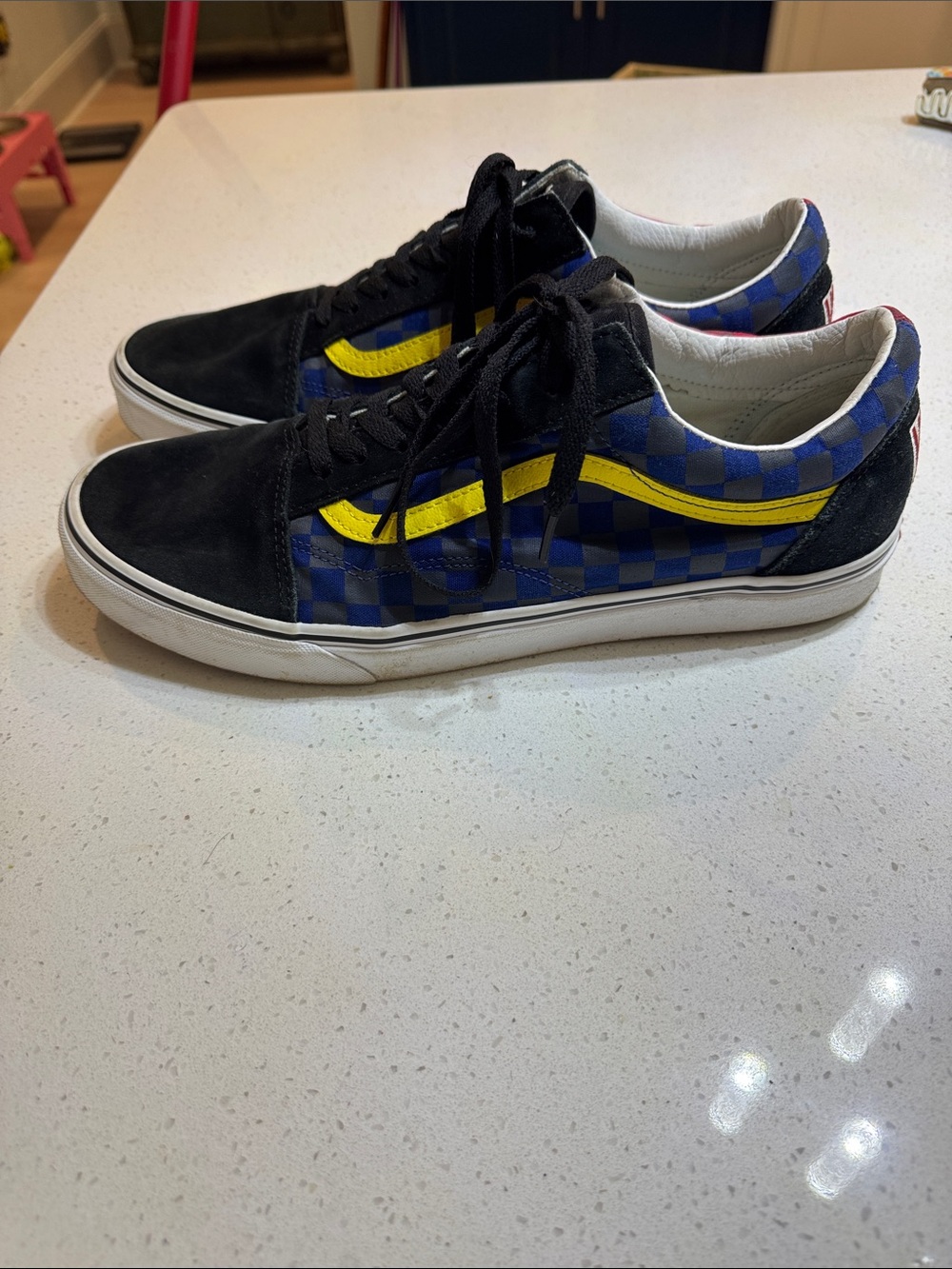 Vans Men's Blue Checkerboard Low-Top Sneakers with Yellow Stripe